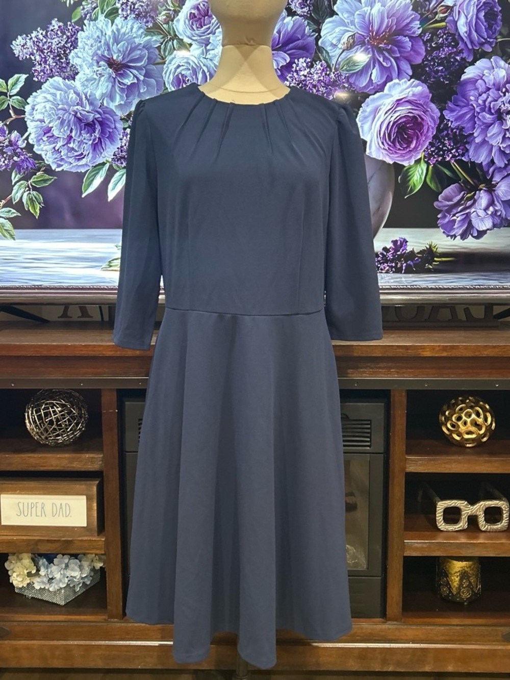 Grace Karin Navy Pleated-Neck Midi Dress